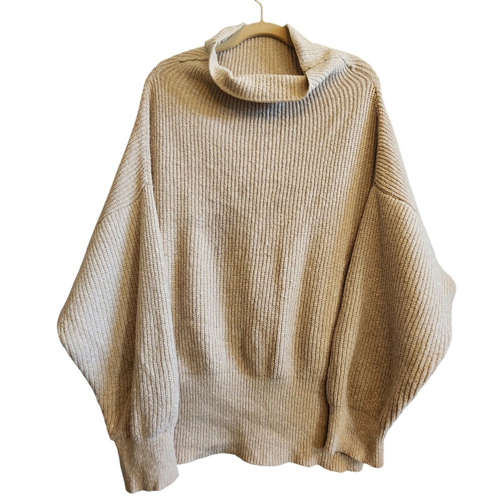 "Yet Again" Sweater Womens Small Tan Excellent Ribbed Mock Neck Oversized Dolman